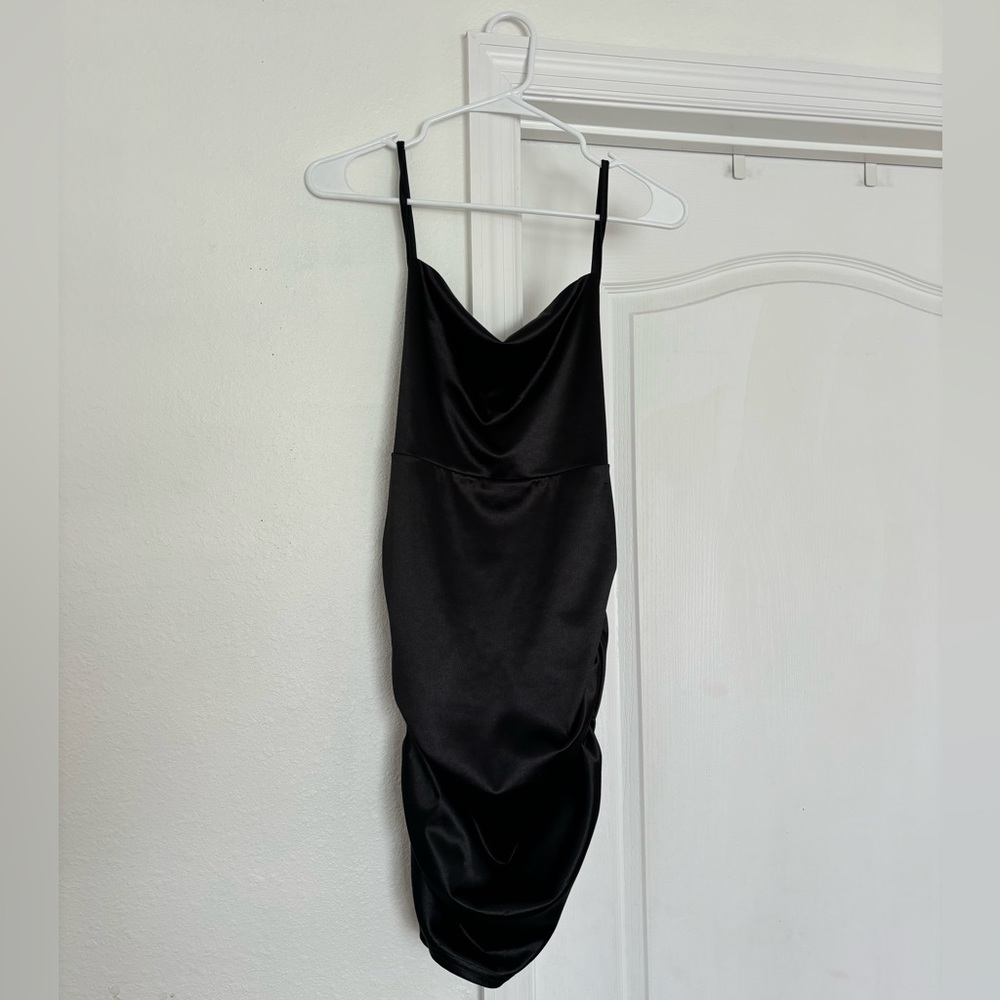 Black Short Synched Satin Dress : Windsor